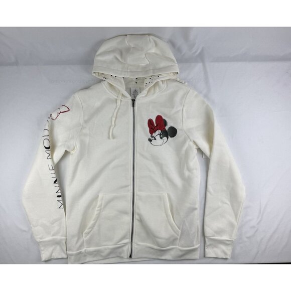 Disney Women Sweatshirt Large White Fleece Hoodie Minnie Mouse Embroidered - Picture 1 of 11